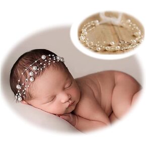 Newborn Photography Props Pearl Headband Baby Photoshoots Posing Photo Tieback Hair Accessories(Cream)