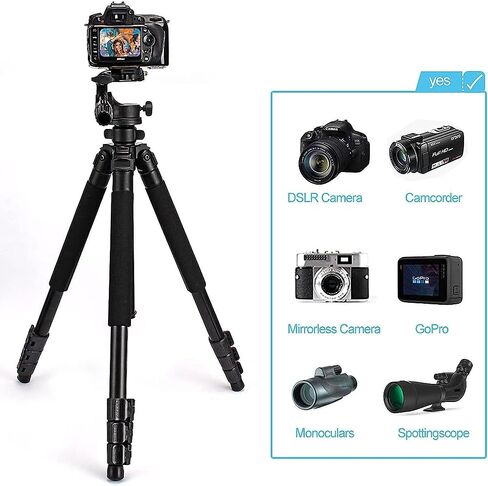 64.5 inch Travel Portable Tripod- Compatible with SLR Cameras, Cell Phones, Binoculars, Spotting Scopes, Monoculars in Saudi Arabia