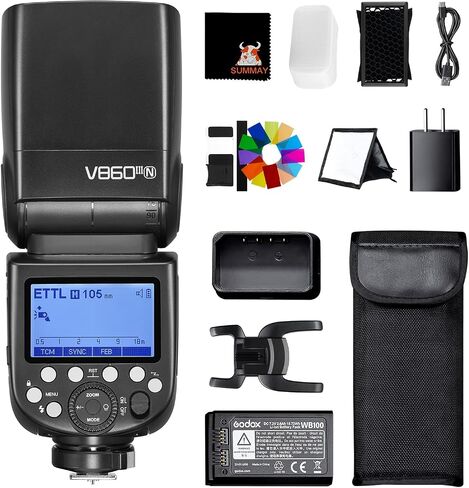 GODOX V860III-N Camera Flash i-TTL 76Ws Power 1/8000s High-Speed Sync GN60 1.5s Recycle Time, 2W Modeling Lamp 5300K±200K Color Temperature, Quick-Release Lock, Suitable for Nikon Series Cameras in Saudi Arabia
