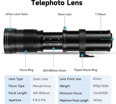 JINTU EF/EF-S 420-800mm F8.3 Telephoto Zoom Lens(MF) + T-Mount for Nikon D5600 D5500 D5200 D90 D7500 D3400 D80 D5000 D7200 D750 D850 D3300 D5300 D610 D7100 in Kuwait