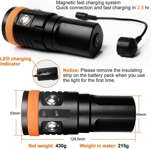 ORCATORCH D950V 2.0 Scuba Diving Video Light, Max 10500 Lumen LED Underwater Flashlight with 120 Degree Wide Angle Beam, Underwater 150 Meters Diving Photography Light with Spherical Toughened Glass in Kuwait