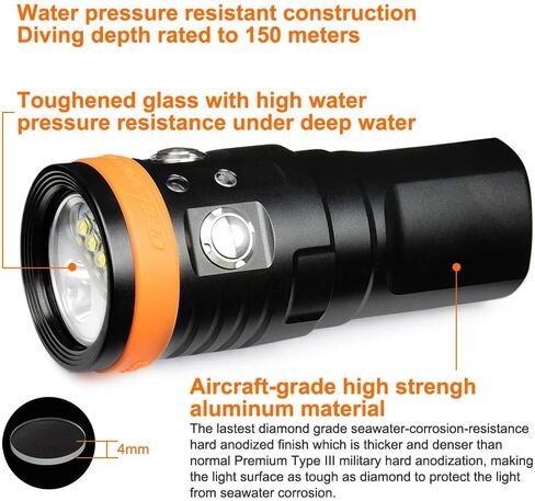 ORCATORCH D950V 2.0 Scuba Diving Video Light, Max 10500 Lumen LED Underwater Flashlight with 120 Degree Wide Angle Beam, Underwater 150 Meters Diving Photography Light with Spherical Toughened Glass in Kuwait