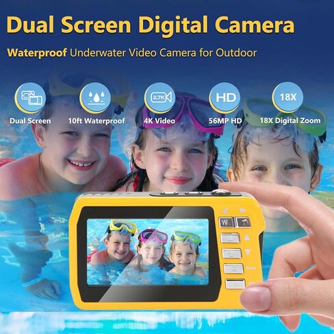 Waterproof Digital Camera, 10ft Underwater Cameras Full HD 4K 56MP Video Recorder Selfie Dual Screens with 18X Digital Zoom, Flashlight, for Snorkeling, Surfing, Swimming in Kuwait