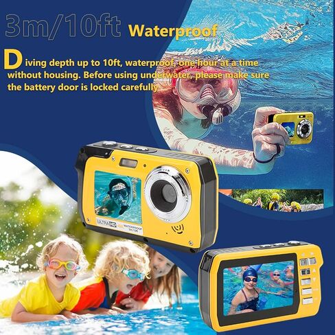 Waterproof Digital Camera, 10ft Underwater Cameras Full HD 4K 56MP Video Recorder Selfie Dual Screens with 18X Digital Zoom, Flashlight, for Snorkeling, Surfing, Swimming in Kuwait