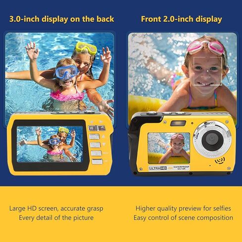 Waterproof Digital Camera, 10ft Underwater Cameras Full HD 4K 56MP Video Recorder Selfie Dual Screens with 18X Digital Zoom, Flashlight, for Snorkeling, Surfing, Swimming in Kuwait