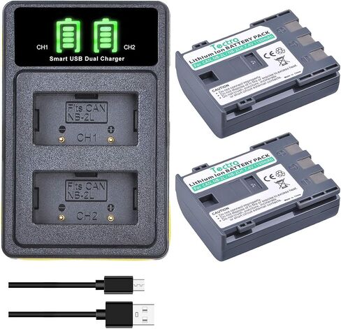 Tectra 2-Pack NB-2L NB-2LH Battery and LED Dual USB Charger Kit for Canon NB-2L NB-2LH BP-2L5 BP-2LH and Canon DC301 DC310 DC320 DC330 DC410 DC420 Elura 40 50 60 65 70 80 85 90 EOS 350D 400D Camera in Saudi Arabia