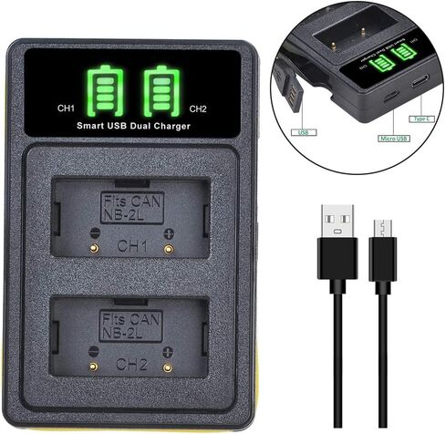Tectra 2-Pack NB-2L NB-2LH Battery and LED Dual USB Charger Kit for Canon NB-2L NB-2LH BP-2L5 BP-2LH and Canon DC301 DC310 DC320 DC330 DC410 DC420 Elura 40 50 60 65 70 80 85 90 EOS 350D 400D Camera in Saudi Arabia