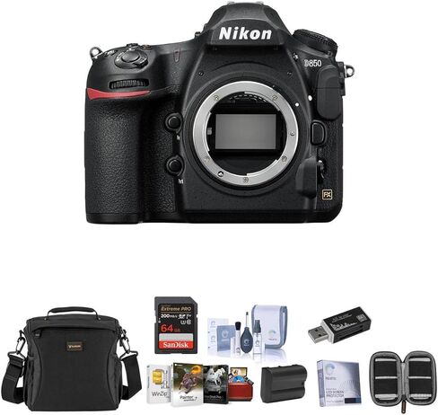 هيكل كاميرا Nikon D850 DSLR - حزمة مع بطاقة SDXC U3 سعة 64 جيجابايت، وحقيبة الكاميرا، وبطارية احتياطية، ومجموعة التنظيف، ومحفظة الذاكرة، وقارئ البطاقات، وحزمة برامج Mac لواقي الشاشة الزجاجي in Kuwait
