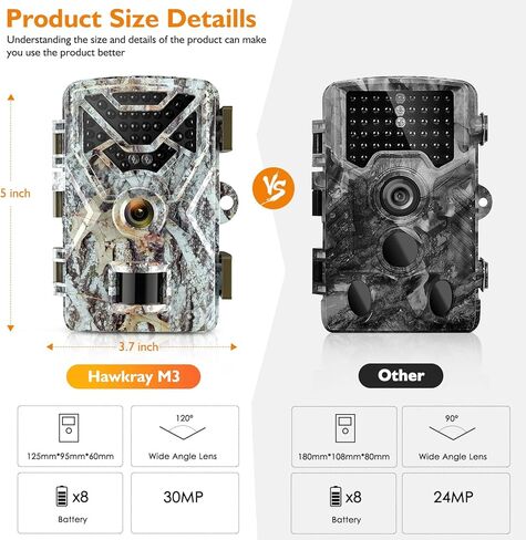 Hawkray Trail Camera 30MP 2K,Game Camera with Wide-Angle Motion Latest Sensor View 0.2s Trigger Speed 8 Batteries and 32GB SD Card 2'' HD TFT Screen Waterproof Cam for Wildlife Monitoring in Kuwait