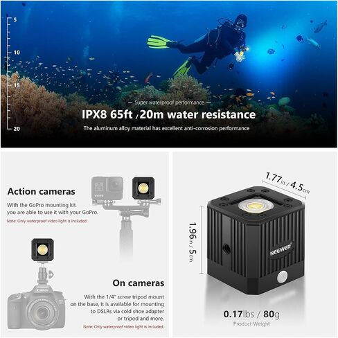 Neewer Mini COB Video Light، مقاوم للماء حتى 65 قدمًا/20 متر مصباح إضاءة إضاءة خافتة مع بطارية مدمجة 1600 مللي أمبير في الساعة / CRI95+/2400LM/1/4 بوصة خيط/12 لونًا فلاتر للهاتف الذكي DSLR اكشن كاميرا in Saudi Arabia