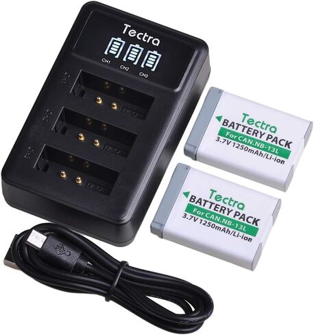 Tectra 2 Pack NB-13L Battery and LED 3-Slots USB Charger for Canon PowerShot SX740 HS, G1 X Mark III, G5 X, G5 X Mark II, G7 X, G7 X Mark II, G7 X Mark III, G9 X, G9 X Mark II, SX620 HS, SX720 HS in Saudi Arabia