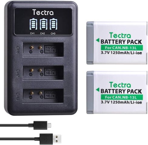 Tectra 2 Pack NB-13L Battery and LED 3-Slots USB Charger for Canon PowerShot SX740 HS, G1 X Mark III, G5 X, G5 X Mark II, G7 X, G7 X Mark II, G7 X Mark III, G9 X, G9 X Mark II, SX620 HS, SX720 HS in Saudi Arabia