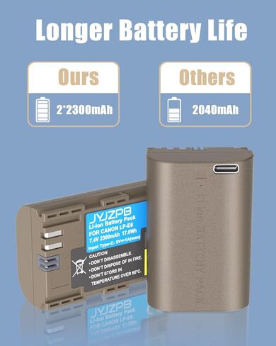 JYJZPB LP-E6N LP-E6 Replacement Battery with Type-C Port Compatible for Canon 60D, 70D, 80D, 90D, EOS 5D Mark II/III/IV, EOS 5DS, 5DS, 6D, 7D, 7D Mark II, 7D EOS R, R5, R6 Digital Camera in Kuwait