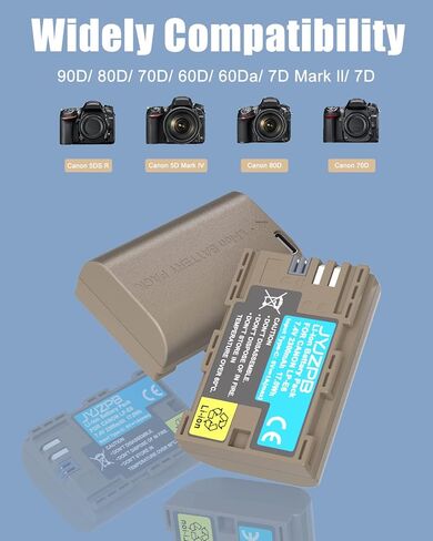 JYJZPB LP-E6N LP-E6 Replacement Battery with Type-C Port Compatible for Canon 60D, 70D, 80D, 90D, EOS 5D Mark II/III/IV, EOS 5DS, 5DS, 6D, 7D, 7D Mark II, 7D EOS R, R5, R6 Digital Camera in Kuwait