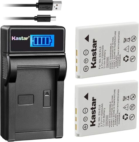 Kastar Battery X2 & Slim LCD Charger for Nik EN-EL8 Coolpix P1 P2 Coolpix S1 S2 S3 S5 S6 Coolpix S7 S7c Coolpix S8 Coolpix S9 Coolpix S50 Coolpix S51 S51c Coolpix S52 S52c Cool-Station MV-11 MV-121 in Saudi Arabia