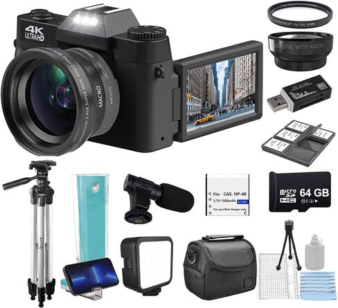 eDealz 4K 48MP مجموعة كاميرا رقمية للتصوير الفوتوغرافي لكاميرا يوتيوب مع شاشة قلاب، واي فاي، زاوية واسعة وعدسة ماكرو، بطاقة SD صغيرة 64 جيجابايت، حامل ثلاثي مرن 12 بوصة، حقيبة حمل، قارئ بطاقات (كحلي) in Saudi Arabia