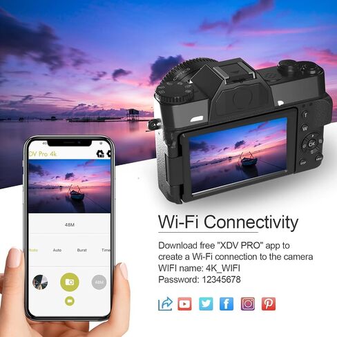 eDealz 4K 48MP مجموعة كاميرا رقمية للتصوير الفوتوغرافي لكاميرا يوتيوب مع شاشة قلاب، واي فاي، زاوية واسعة وعدسة ماكرو، بطاقة SD صغيرة 64 جيجابايت، حامل ثلاثي مرن 12 بوصة، حقيبة حمل، قارئ بطاقات (كحلي) in Saudi Arabia