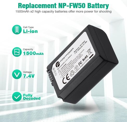 FirstPower NP-FW50 Battery 2-Pack and USB Dual Charger Compatible with Sony A6000 A6300 A6400 A6500 A7 A7II A7RII A7SII A7S A7S2 A7R A7R2 A5100 A5000 RX10 RX10II III Cameras in Kuwait