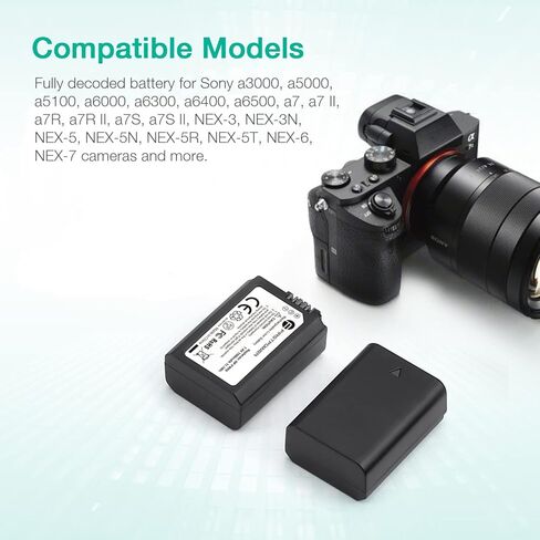 FirstPower NP-FW50 Battery 2-Pack and USB Dual Charger Compatible with Sony A6000 A6300 A6400 A6500 A7 A7II A7RII A7SII A7S A7S2 A7R A7R2 A5100 A5000 RX10 RX10II III Cameras in Kuwait