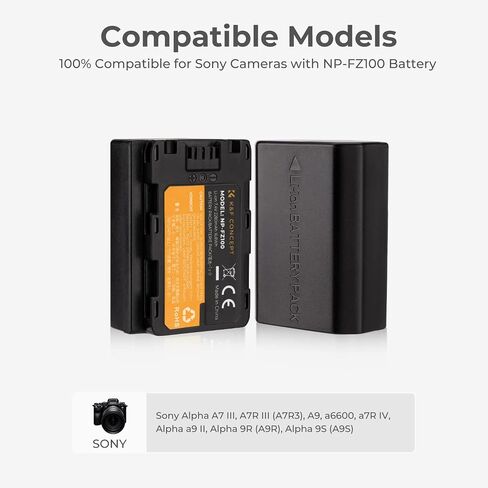 K&F CONCEPT NP-FZ100 2280mAH Battery and Dual Slot Charger Set for Sony A7iii, A7iv, A7C, A6700, A6600, ZV-E1, ZV-E10ii, FX3, FX30, A9, Alpha 9, Alpha 9S, A9S, A7R3, A7R4 Camera Batteries in Saudi Arabia
