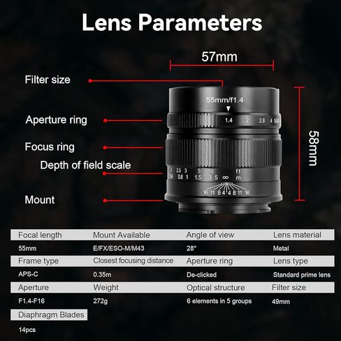 7artisans 55mm F1.4 APS-C Manual Focus Prime Mirrorless Camera Lens (X-Mount) in Kuwait