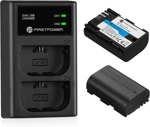FirstPower LP-E6 LP-E6N Batteries and Dual USB Charger Compatible with Canon EOS 5D Mark II III IV, 5DS, 5DS R, 6D, 6D Mark II, 7D, 7D Mark II, 60D, 70D, 80D, 90D, R, R5, C700, XC10, XC15 in Kuwait