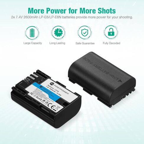 FirstPower LP-E6 LP-E6N Batteries and Dual USB Charger Compatible with Canon EOS 5D Mark II III IV, 5DS, 5DS R, 6D, 6D Mark II, 7D, 7D Mark II, 60D, 70D, 80D, 90D, R, R5, C700, XC10, XC15 in Kuwait