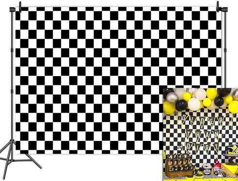 Cosplay Party Banner Checkered Flag Photography Backdrop Vinyl 7x5ft Photo Background White and Black Racing Checker Texture Grid Birthday Chess Board Decoration Supplies Photo Booth Studio Props in Saudi Arabia