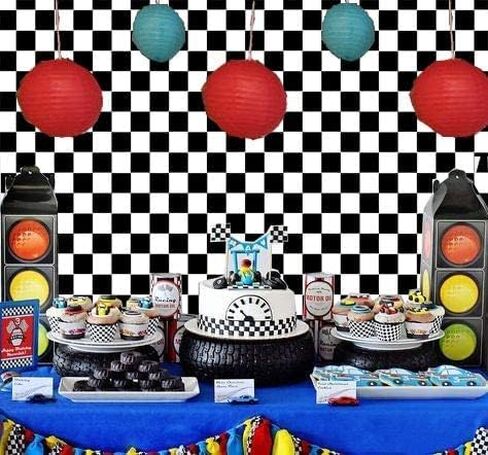 Cosplay Party Banner Checkered Flag Photography Backdrop Vinyl 7x5ft Photo Background White and Black Racing Checker Texture Grid Birthday Chess Board Decoration Supplies Photo Booth Studio Props in Saudi Arabia