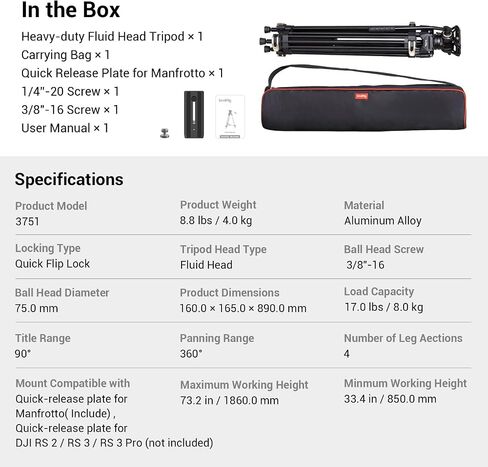 SmallRig AD-01 Video Tripod, 73" Heavy Duty Tripod with 360 Degree Fluid Head and Quick Release Plate for DSLR, Camcorder, Cameras 3751 in Saudi Arabia