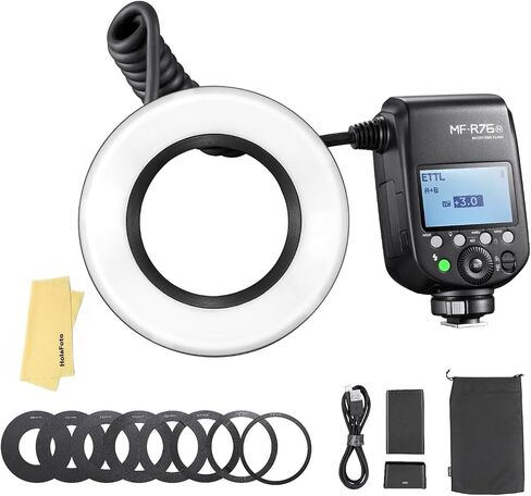 Godox MF-R76N TTL LED حلقة فلاش صغيرة، CCT 5900K 550 طاقة كاملة، 76Ws HSS 2.4G 0.1-1s وقت إعادة التدوير أنابيب فلاش مزدوجة Speedlight وحلقات محول شاشة LCD لنيكون Caremas in Saudi Arabia