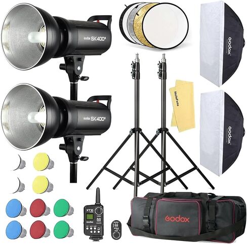 Godox SK400II 2Pcs 800Ws Studio Strobe Flash Monolight Light, Built-in 2.4G Wireless X System, GN65 5600K AC100-120V/60Hz for Studio Shooting, with XT-16 / Softbox / 2M Light Stand / 5-in-1 Reflectors in Saudi Arabia