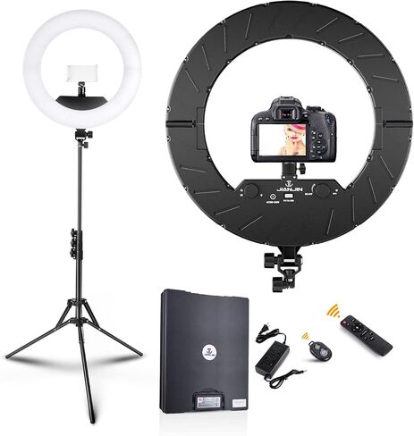 JJ JIANJIN Ring Light Kit:18"/45cm Outer 55W6700k Dimmable LED Light, Tripod Stand, Remote Controller,Box for Camera,Smartphone,YouTube,TikTok,Self-Portrait Shooting,CRI90,Black in Saudi Arabia