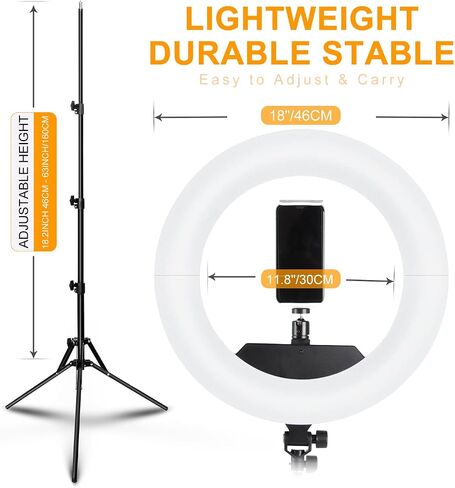 JJ JIANJIN Ring Light Kit:18"/45cm Outer 55W6700k Dimmable LED Light, Tripod Stand, Remote Controller,Box for Camera,Smartphone,YouTube,TikTok,Self-Portrait Shooting,CRI90,Black in Saudi Arabia