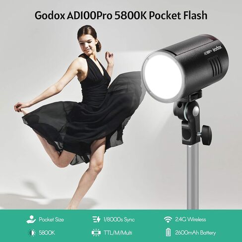 GODOX AD100Pro Pocket Studio Flash Light Photography Light OLED Screen 5800K 1/8000s Sync TTL/Multi/M Flash Built-in 2.4G Wilreless X System 5 Groups 32 Channels with Rechargeable 2600mAh Battery in Saudi Arabia