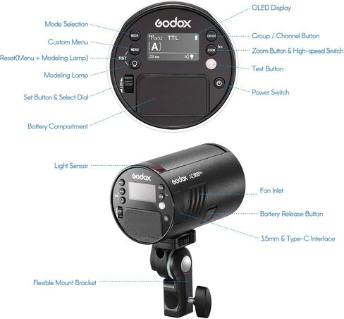 GODOX AD100Pro Pocket Studio Flash Light Photography Light OLED Screen 5800K 1/8000s Sync TTL/Multi/M Flash Built-in 2.4G Wilreless X System 5 Groups 32 Channels with Rechargeable 2600mAh Battery in Saudi Arabia