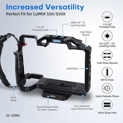 SIRUI Full Cage for Panasonic LUMIX S5II/S5IIX, Arca-Swiss Compatible, with 1/4"-20 Threaded Holes, ARRI 3/8"-16 Locating Holes, Cold Shoe and NATO Rail in Kuwait