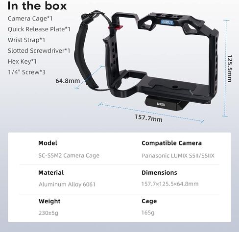 SIRUI Full Cage for Panasonic LUMIX S5II/S5IIX, Arca-Swiss Compatible, with 1/4"-20 Threaded Holes, ARRI 3/8"-16 Locating Holes, Cold Shoe and NATO Rail in Kuwait