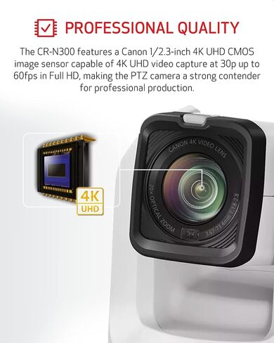 Canon CR-N300 Pro PTZ Camera BK 20x Optical Zoom Lens, 1 2/3" 4k 30P Hybrid AF Sensor, 3G-SDI, HDMI, IP, USB Video Out, NDI|HX2, SRT-Church, Live Events, Streaming Conference, Classroom, Esport, Vlogs in Saudi Arabia