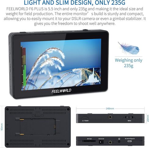 شاشة F6 Plus مقاس 5.5 بوصة من FEELWORLD مع شاشة عرض DSLR بدقة 3D Lut HDR صغيرة عالية الوضوح بالكامل 1920x1080 IPS تدعم 4K HDMI مدخل شاشة لمس للمصور ومراقبة الفيديو الخارجية in Saudi Arabia