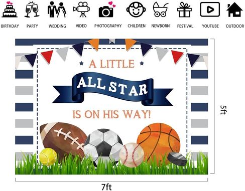 lofaris a Little All Star في طريقه خلفية استحمام الطفل للأولاد، خلفية رياضية لأعياد الميلاد، كرة القدم، كرة السلة، Tennies، جولف حديثي الولادة، ديكورات حفلات الأطفال، لافتة صور استوديو كشك الدعائم 6 × 4 أقدام in Saudi Arabia