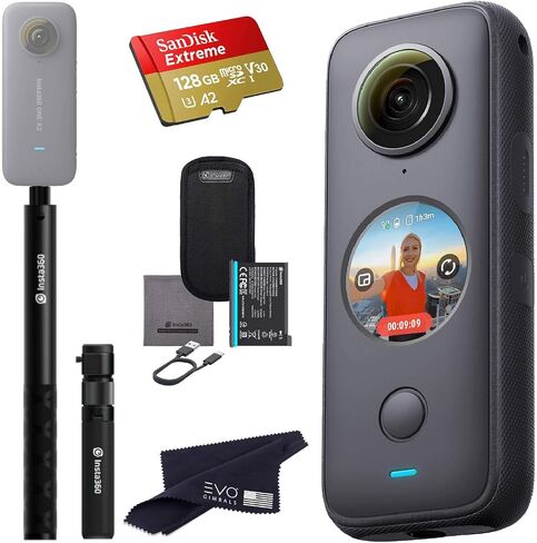Insta360 ONE X2 360 Camera with Touchscreen - 5.7K30 360 Video, Front Steady Cam Mode, 18MP 360 Photo + InstaPano | Bundle Includes Bullet Time Kit & 128GB Memory Card (3 Items) in Saudi Arabia