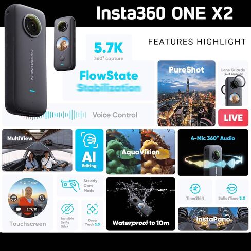 Insta360 ONE X2 360 Camera with Touchscreen - 5.7K30 360 Video, Front Steady Cam Mode, 18MP 360 Photo + InstaPano | Bundle Includes Bullet Time Kit & 128GB Memory Card (3 Items) in Saudi Arabia