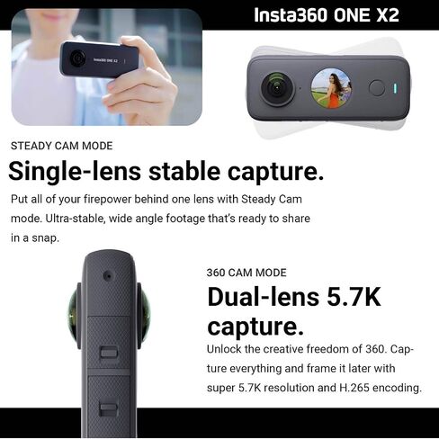 Insta360 ONE X2 360 Camera with Touchscreen - 5.7K30 360 Video, Front Steady Cam Mode, 18MP 360 Photo + InstaPano | Bundle Includes Bullet Time Kit & 128GB Memory Card (3 Items) in Saudi Arabia