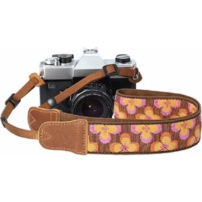 Padwa Lifestyle Stripes Camera Strap - 1.5" Crazy Horse Cowhide Head Soft Cotton Rope Weave Camera Straps for Photographers and All Cameras,Cute Adjustable Vintage Woven Strap for Adults & Kids