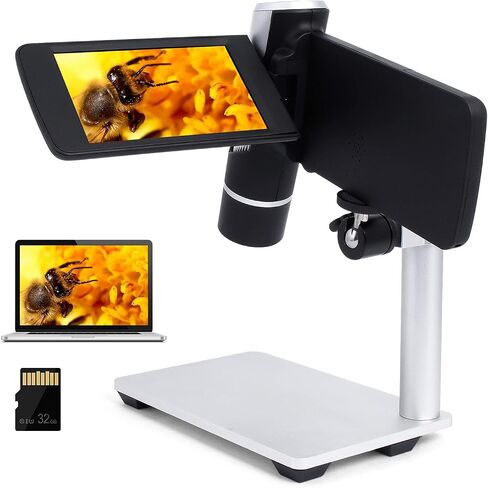 LM203 Digital Microscope Handheld with 4" Screen, Portable Microscope Camera for Adults, 200X USB Coin Magnifier with 8 LED Lights, Microscope Kit for Kids 8-12, 1080P Photo Video, 32G in Saudi Arabia