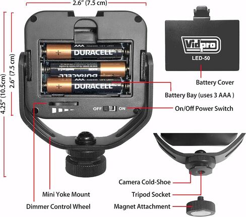 Vidpro LED-50 Photo and Video LED Light with Dimmer and Magnetic Yoke Mount Perfect for On-Camera Use DSLRs Mirrorless Video Cameras Phones Conferencing Vlogging in Saudi Arabia