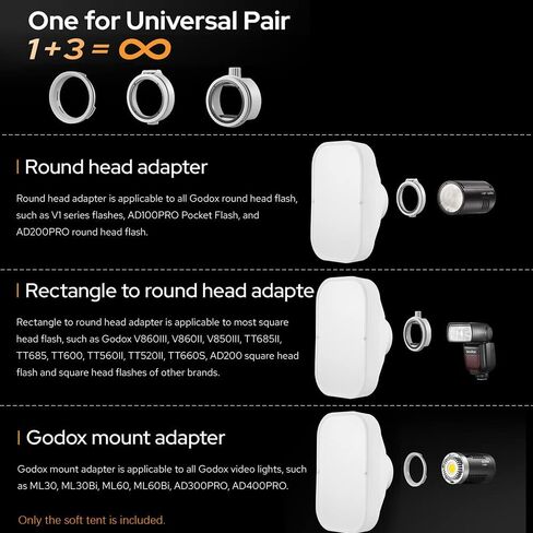 GODOX ML-CS1625 Softbox Diffusion Dome Kit with 3 Adapters, Foldable Diffuser for GodoxV1 Series V1 ML30 ML60BI AD200PRO AD300PRO 400PRO V Compatible with 850III V860III TT685II TT600 in Saudi Arabia