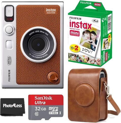 Fujifilm Instax Mini EVO Hybrid Brown Instant Camera | Fuji Instax Mini Twin Pack Instant Film | 32GB microSD | Camera Case - Bundle in Kuwait