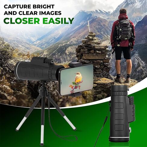 40X60 Monocular Telescope with Compass BAK-4 Prism, High Powered Monocular, Clear Low Light Vision Monocular Telescope with Phone Holder Tripod for Birdwatching Wildlife Hunting Camping Travel Hiking in Kuwait